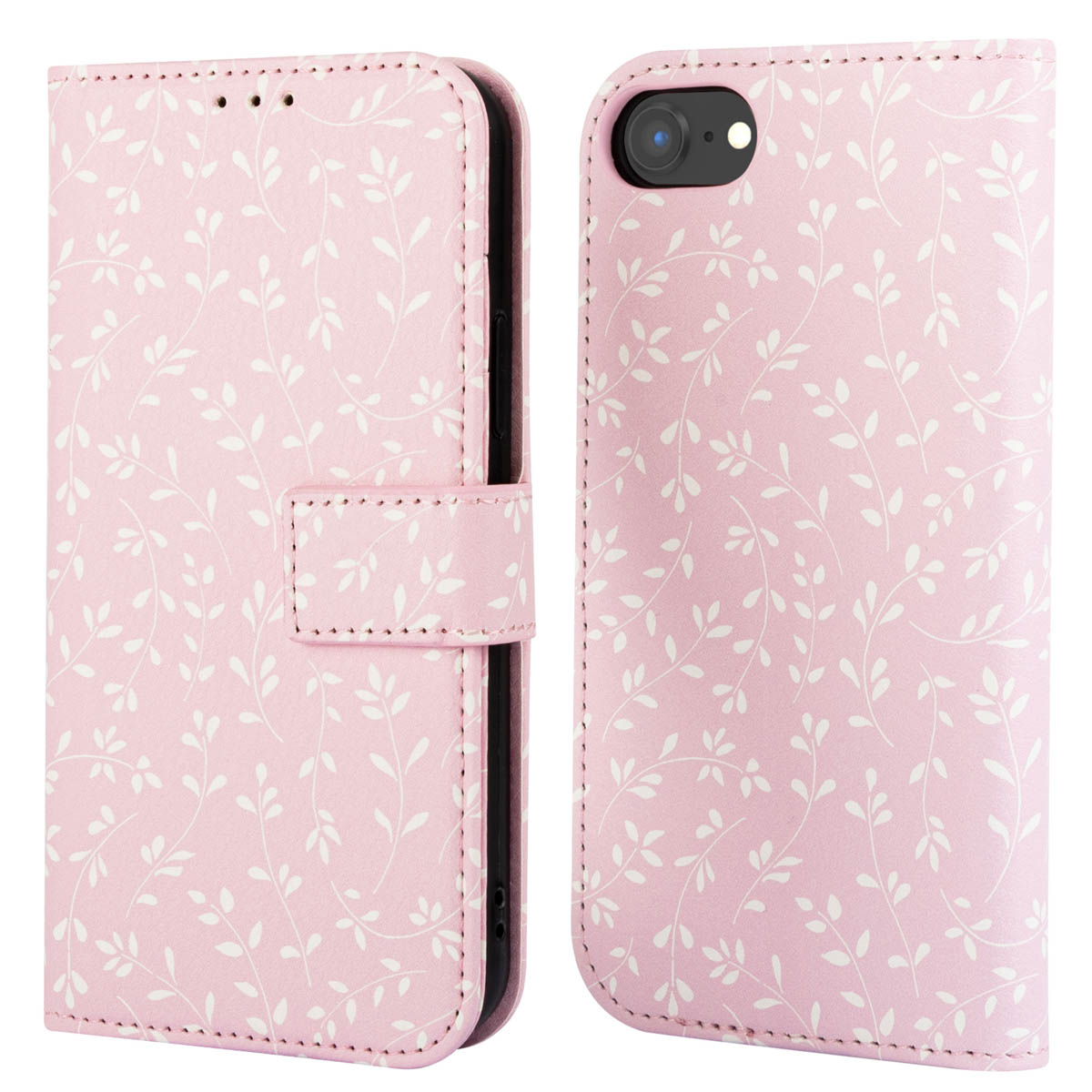 Een roze telefoonhoesje met een patroon van bladeren. Het is open en dicht.