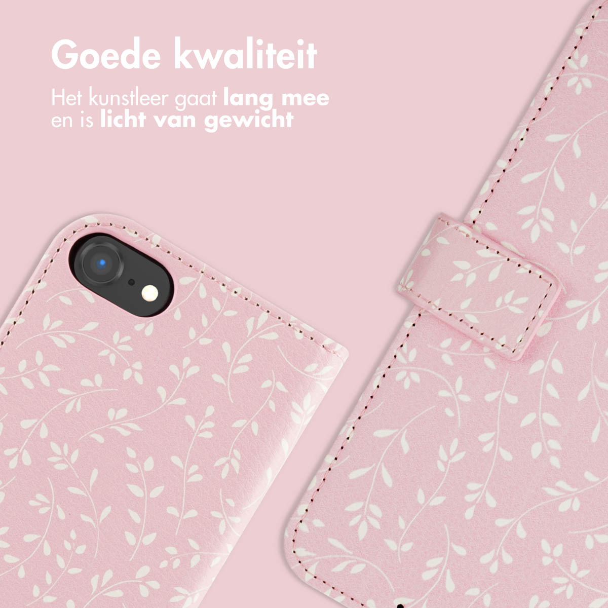 Roze telefoonhoesje met wit bloemendesign. Tekst in het Nederlands: Goede kwaliteit.