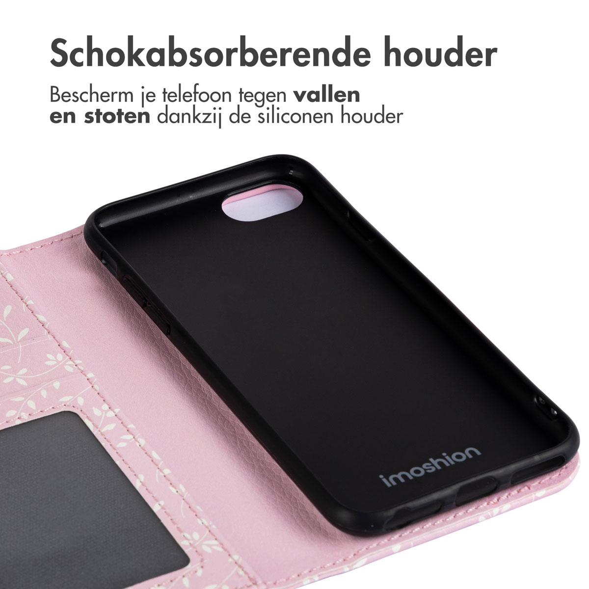 Roze telefoonhoesje met zwart interieur. De hoes is open en toont de binnenkant.