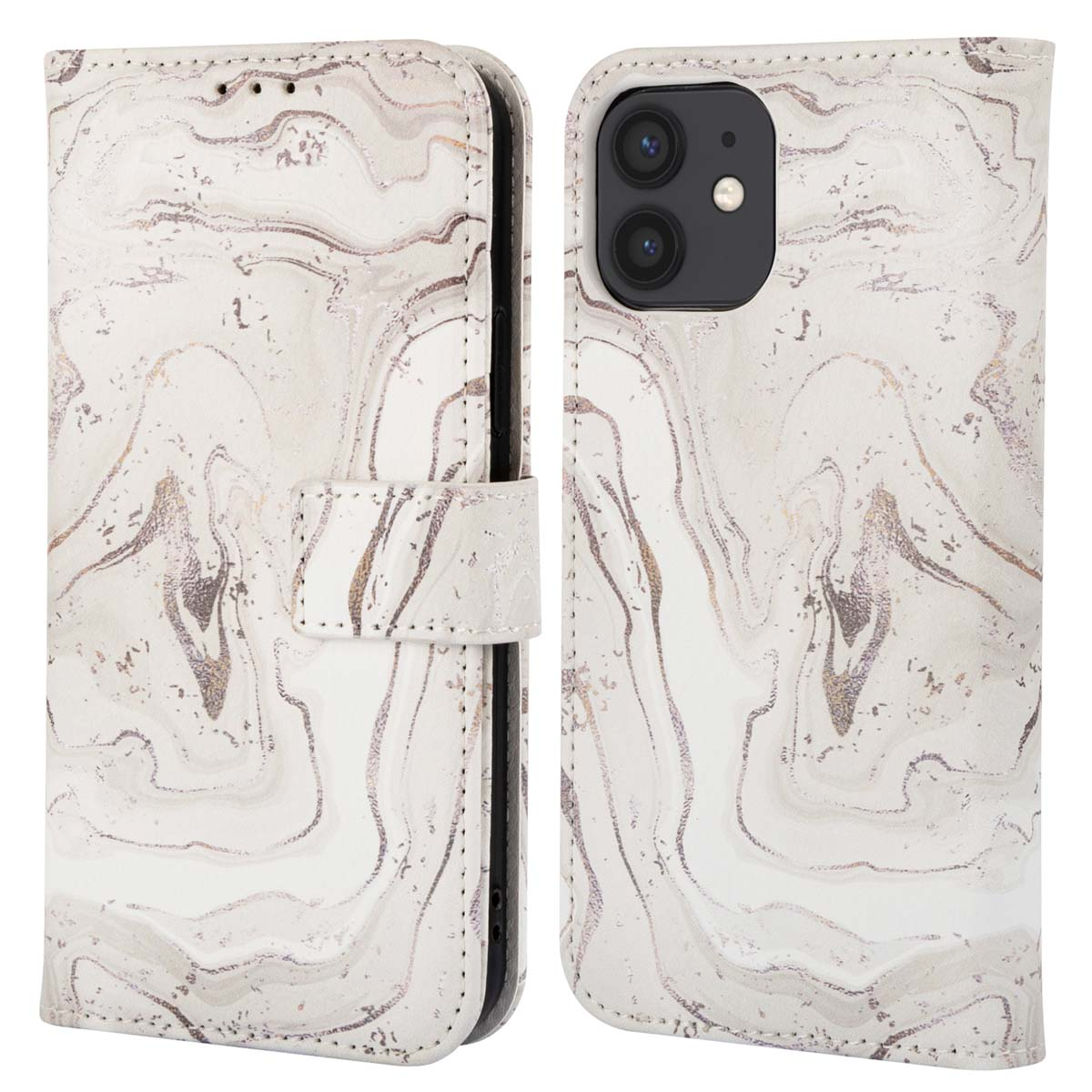 Witte marmeren telefoonhoes, open. Goudaderontwerp. Witte achtergrond.