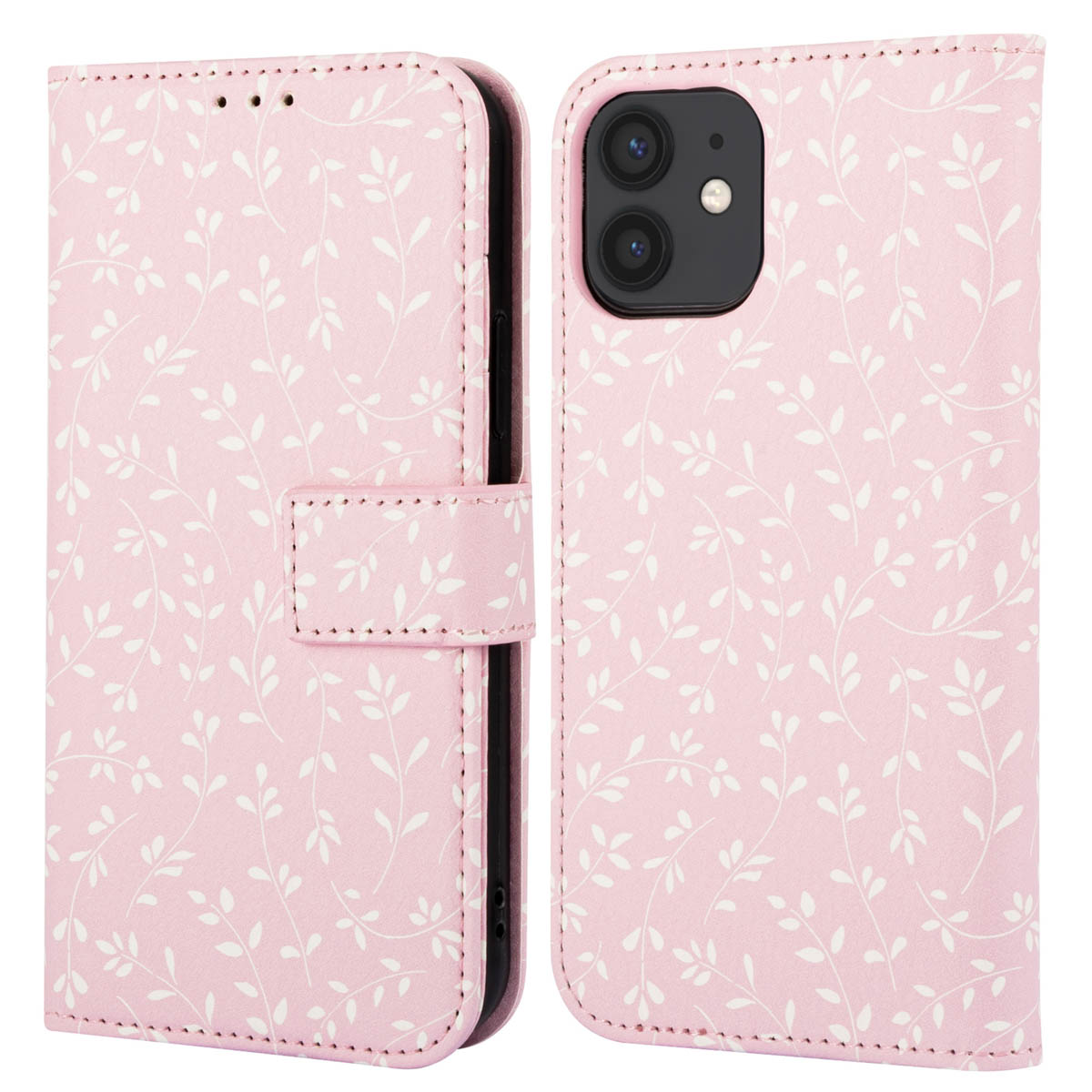 Roze telefoonhoesje met wit bloemenpatroon. Opengeklapt, met telefoonhouder en kaartsleuven.