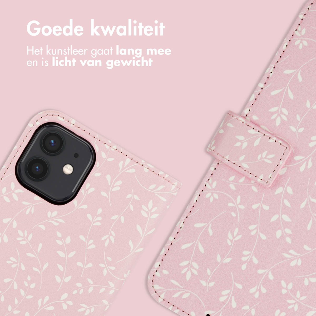 Roze telefoonhoesje met wit bloemmotief. Tekst: Goede kwaliteit, lichtgewicht en duurzaam.