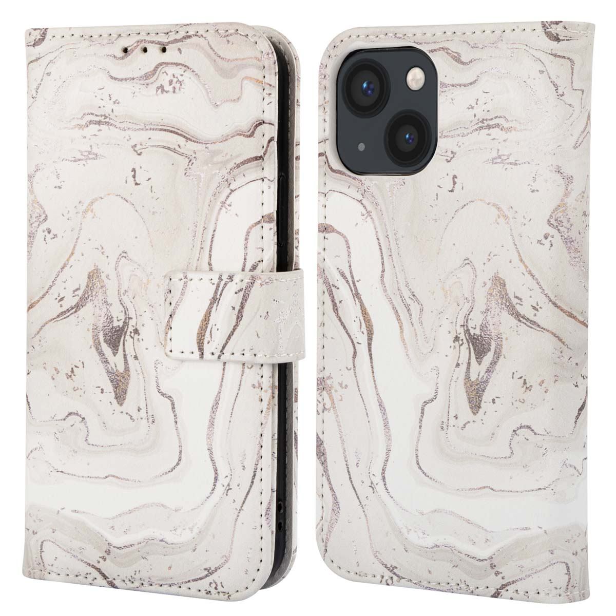 Een telefoonhoesje met een marmerpatroon en een magnetische sluiting. Witte, beige en gouden kleuren zijn zichtbaar.
