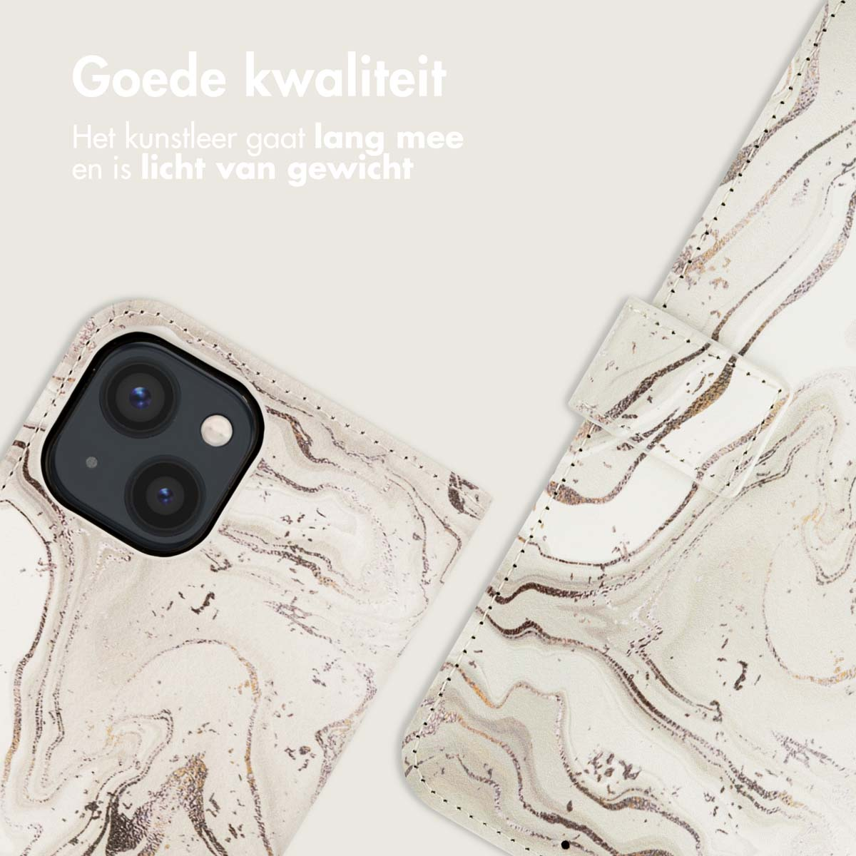 Close-up van een telefoonhoesje met een marmerpatroon, naast een open flap.