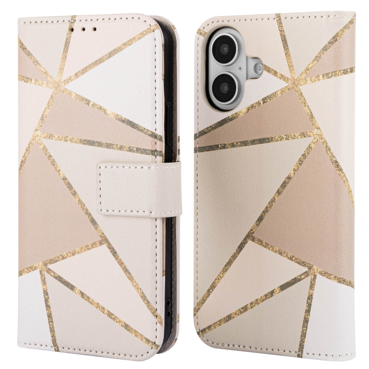 Telefoonhoesje, wit met geometrische patronen in beige en goud.