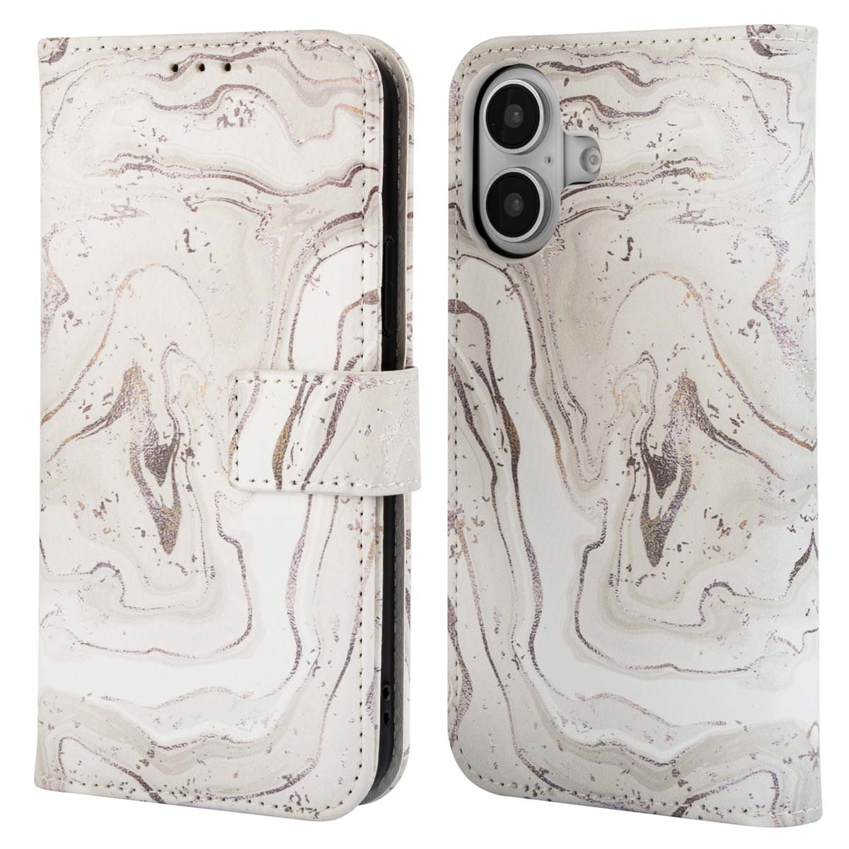 Coque de téléphone blanche avec un motif marbré. Elle est ouverte et montre un téléphone à l'intérieur.