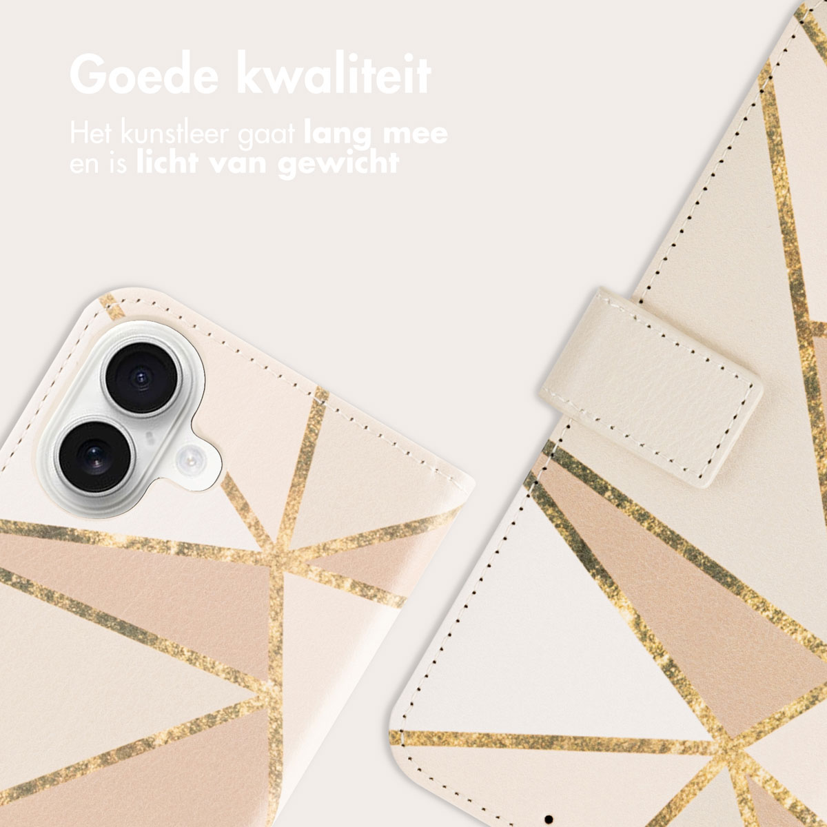 Telefoonhoesje open. Wit en goud geometrisch patroon. Tekst zegt 'Goede kwaliteit'.