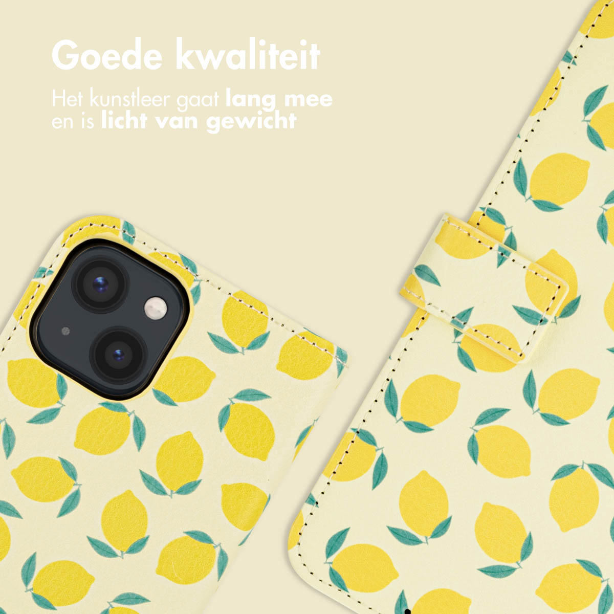 Een telefoonhoesje met een citroenpatroon, met de hoes en de open hoes.