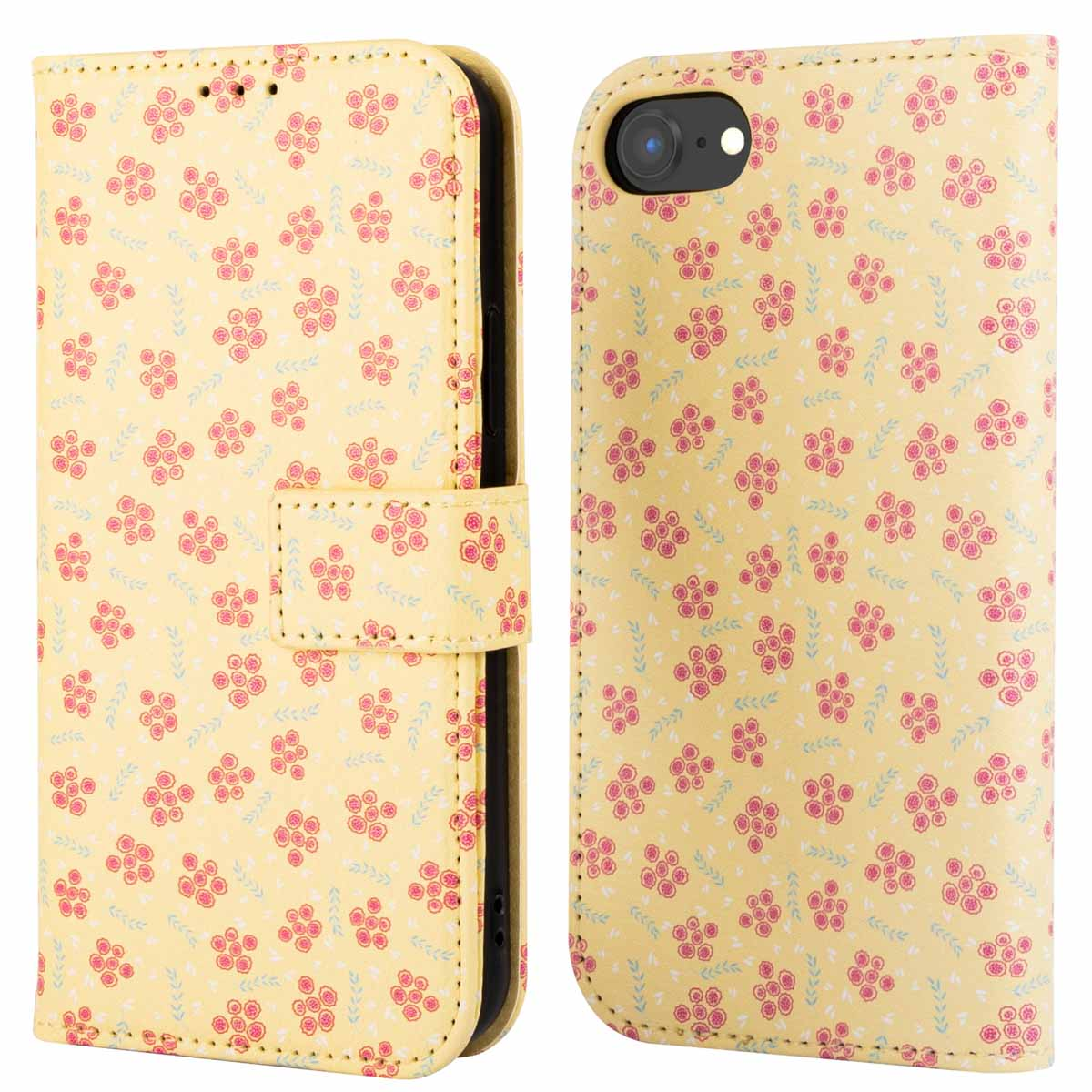 Een gele telefoonhoes met een bloemenpatroon. De hoes is open om de binnenkant te laten zien.