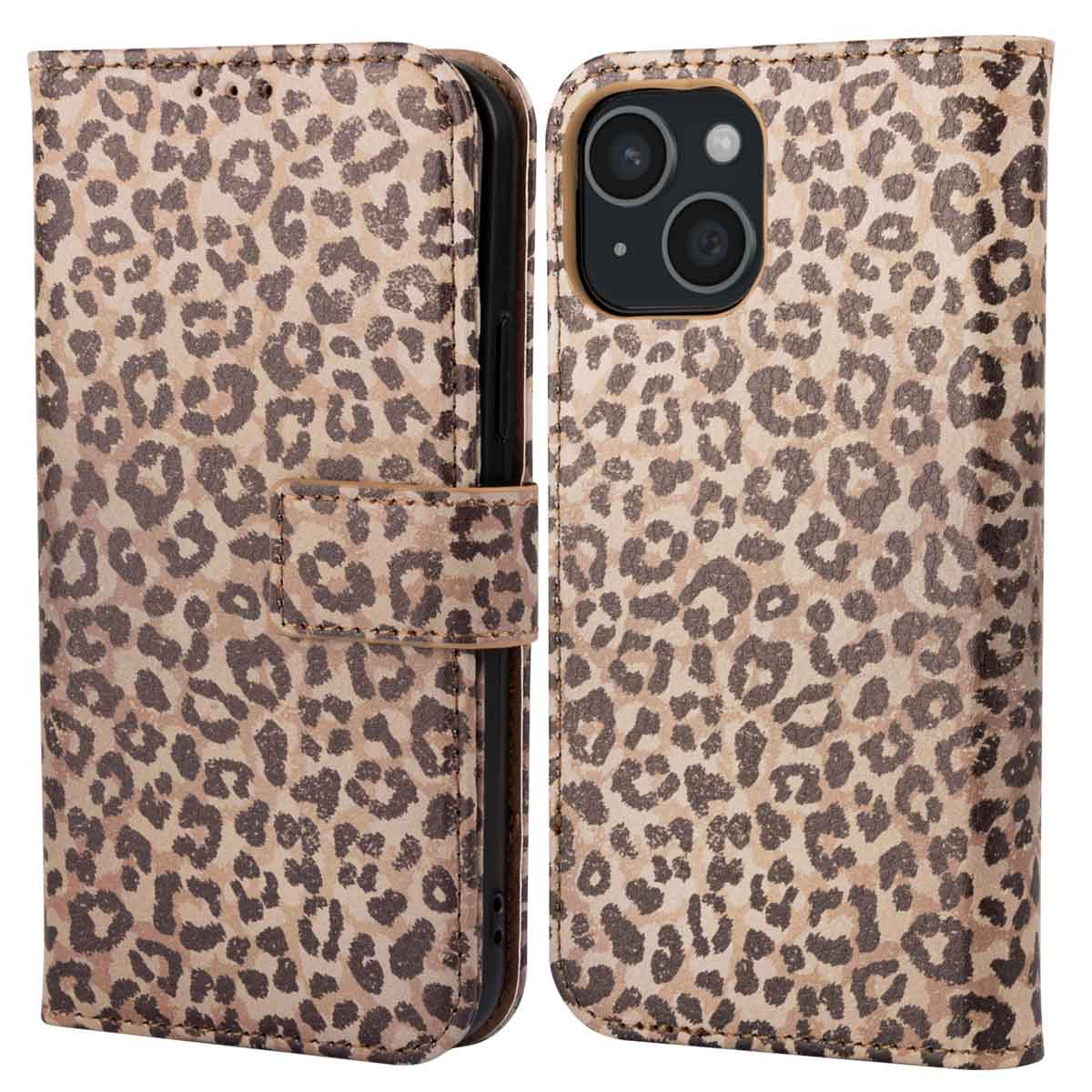 Telefoonhoesje met luipaardprint. Open en gesloten weergave.