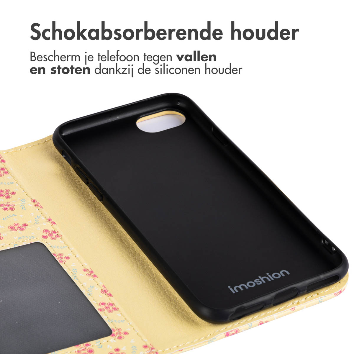 Open telefoonhoesje met bloemenontwerp, met een zwarte telefoonhouder en een kaartsleuf.