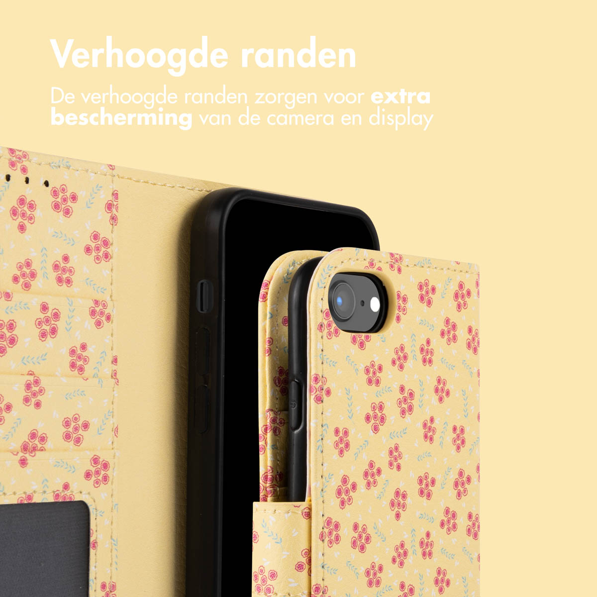 Gele bloemen telefoonhoes geopend, met een zwarte telefoon, tegen een gele achtergrond.