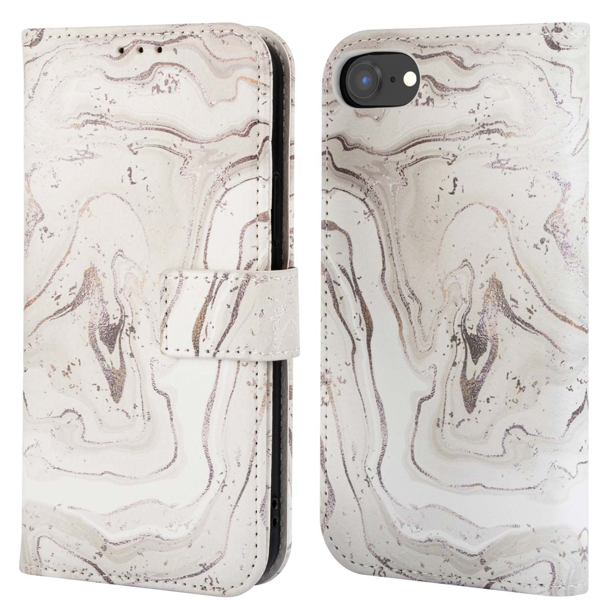 Witte marmeren telefoonhoes. De hoes is open, met de telefoon erin. De kleur is grijs.