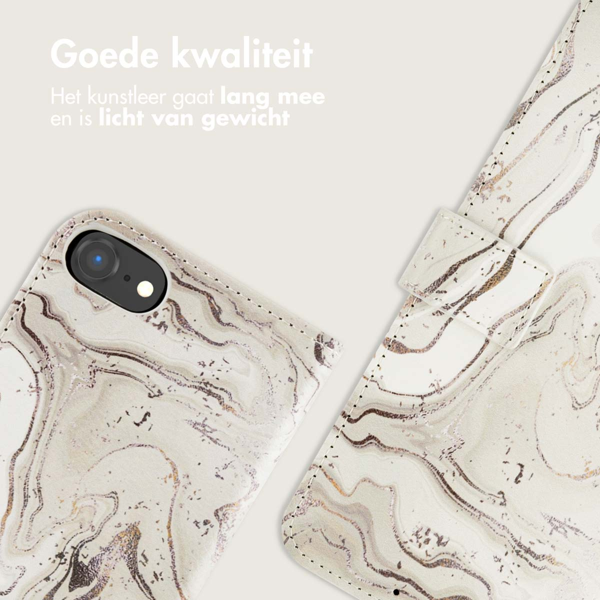 Witte en gouden marmeren telefoonhoes en -hoes. De tekst zegt goede kwaliteit en lichtgewicht.