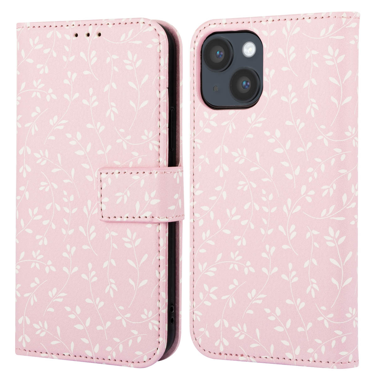 Roze telefoonhoesje met wit bladerpatroon, met flap en sluiting en camera's.