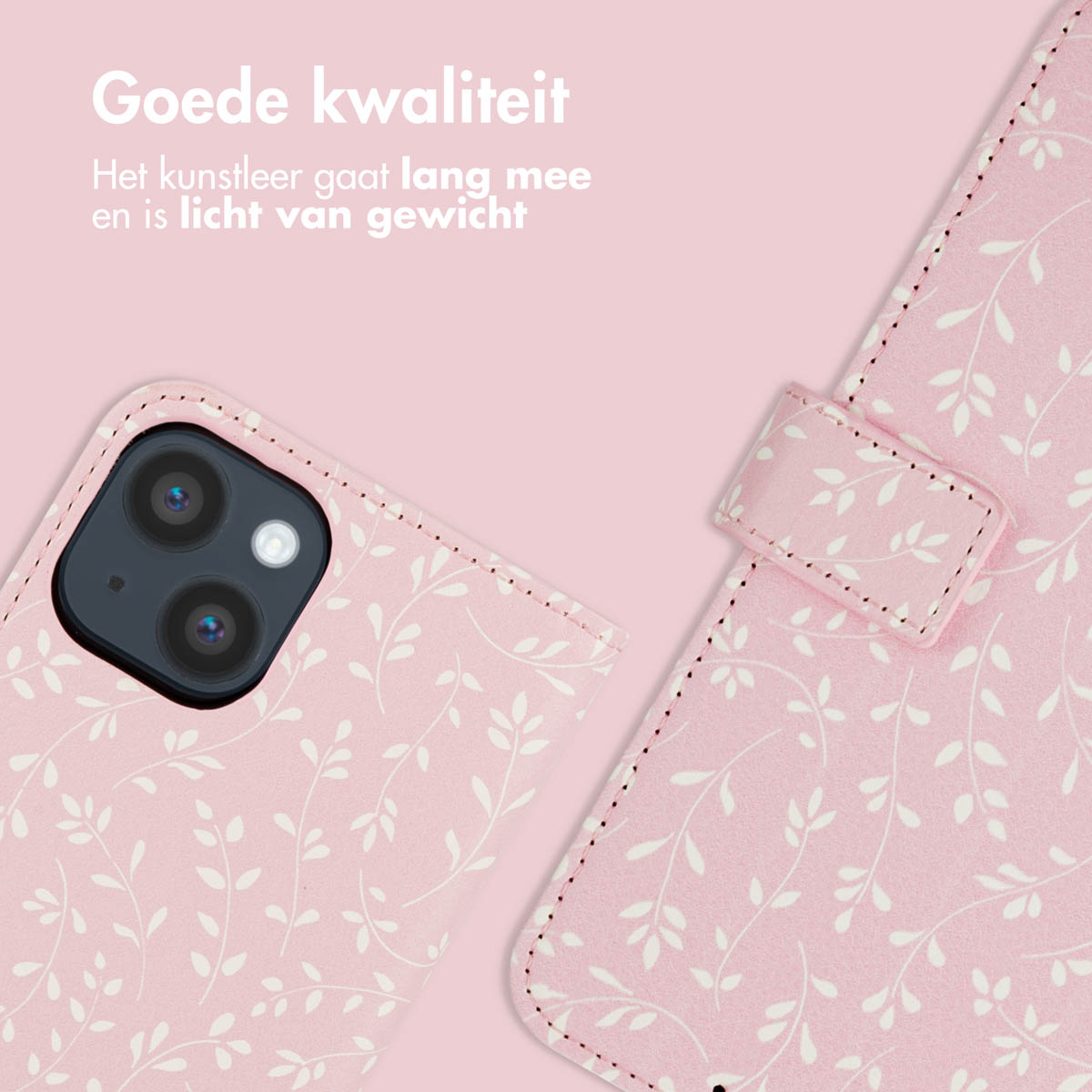 Roze telefoonhoesje met een bladerenpatroon, open om de telefoon te onthullen.