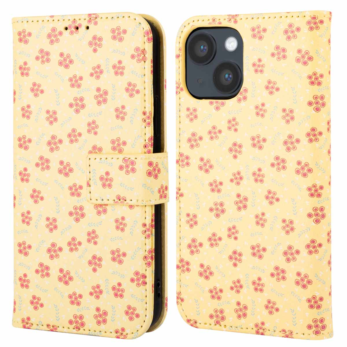 Gele telefoonhoes met bloemenpatroon, open om de binnenkant met kaartsleuven en een telefoon te laten zien.