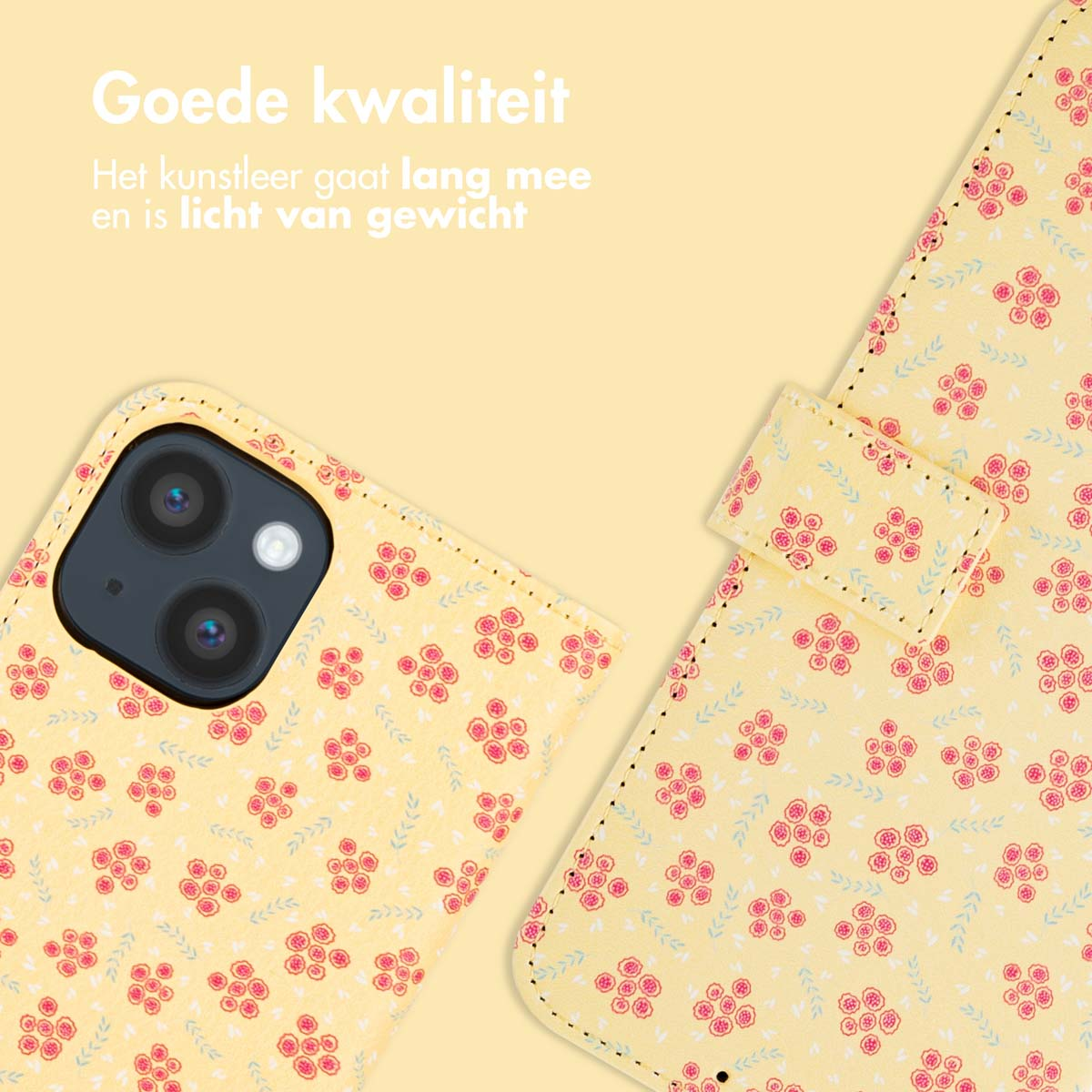 Een gele telefoonhoes met bloemenpatroon, open, met telefoon.