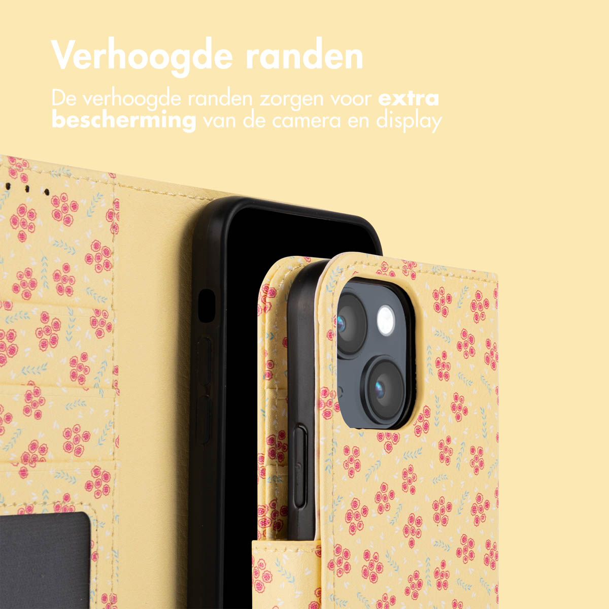 Gele bloemen telefoonhoes met zwarte telefoon erin. Tekst: 'Verhoogde randen'.