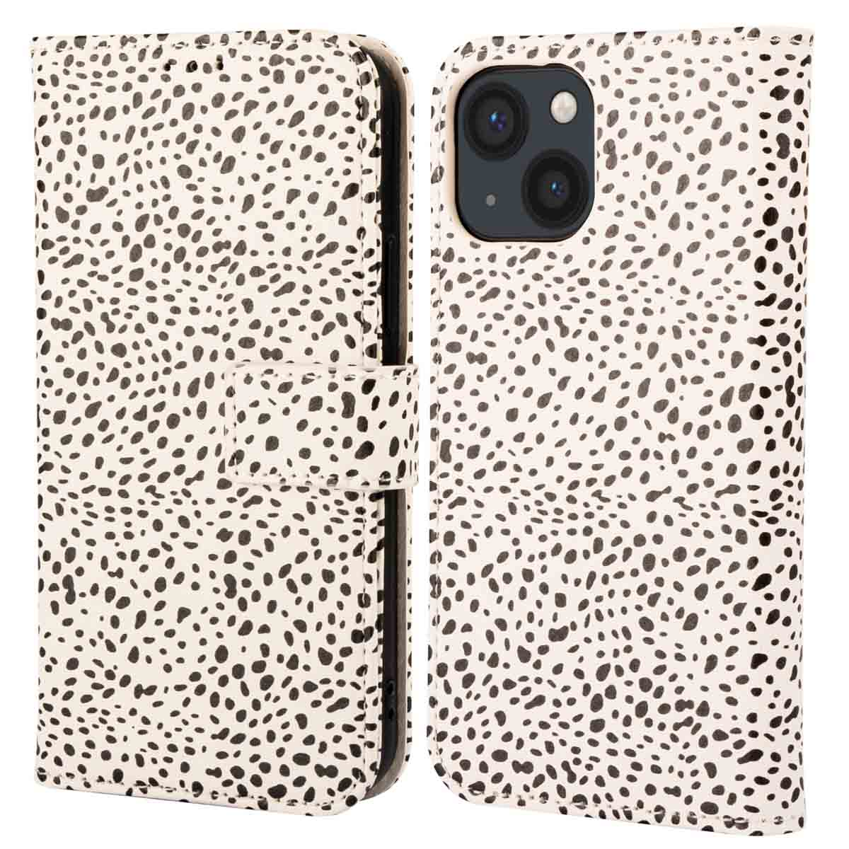 Telefoonhoesje, wit met zwarte stippen. Open en gesloten weergave. Telefoon met zichtbare camera's.