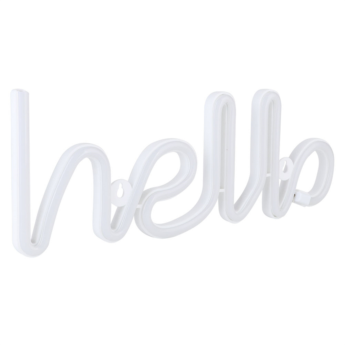 Weißes Neon-Schild in Form des Wortes „Hallo“, montiert auf weißem Hintergrund.