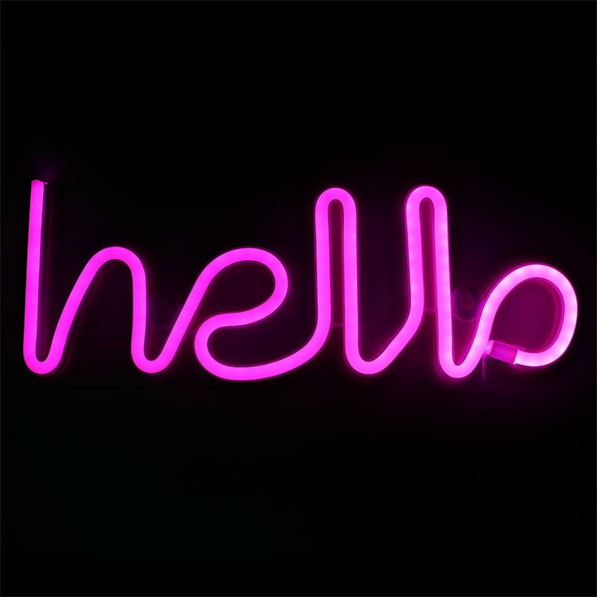 Ein Neon-Schild mit der Aufschrift 'hello' in Pink auf schwarzem Hintergrund.