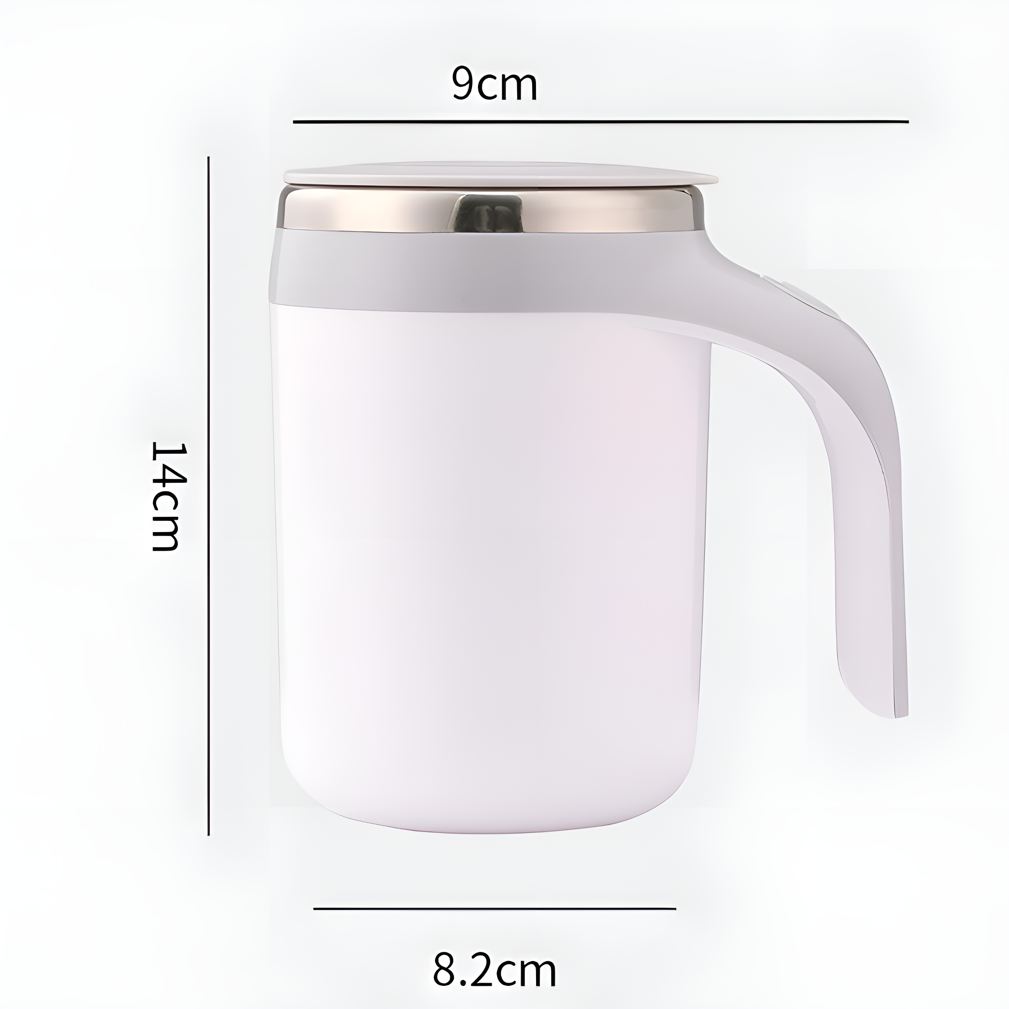 Weiß-grauer Isolierbecher mit Griff, Maße: 9 cm x 14 cm x 8,2 cm.