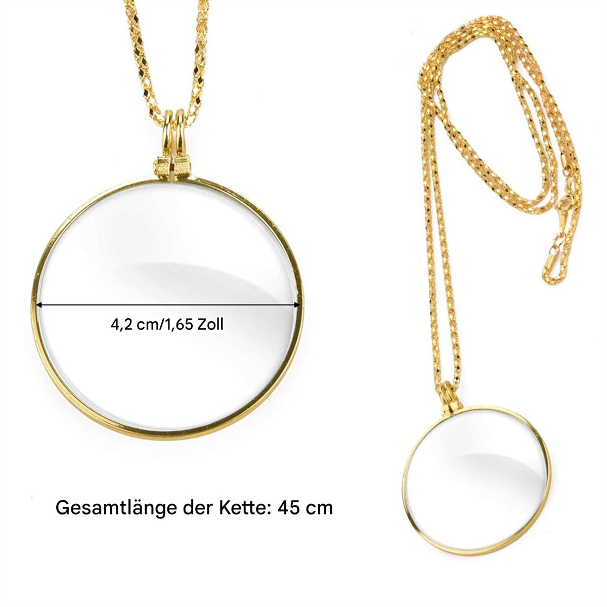 Goldkette mit Lupenanhänger mit Text, der die Größe in cm/Zoll anzeigt.