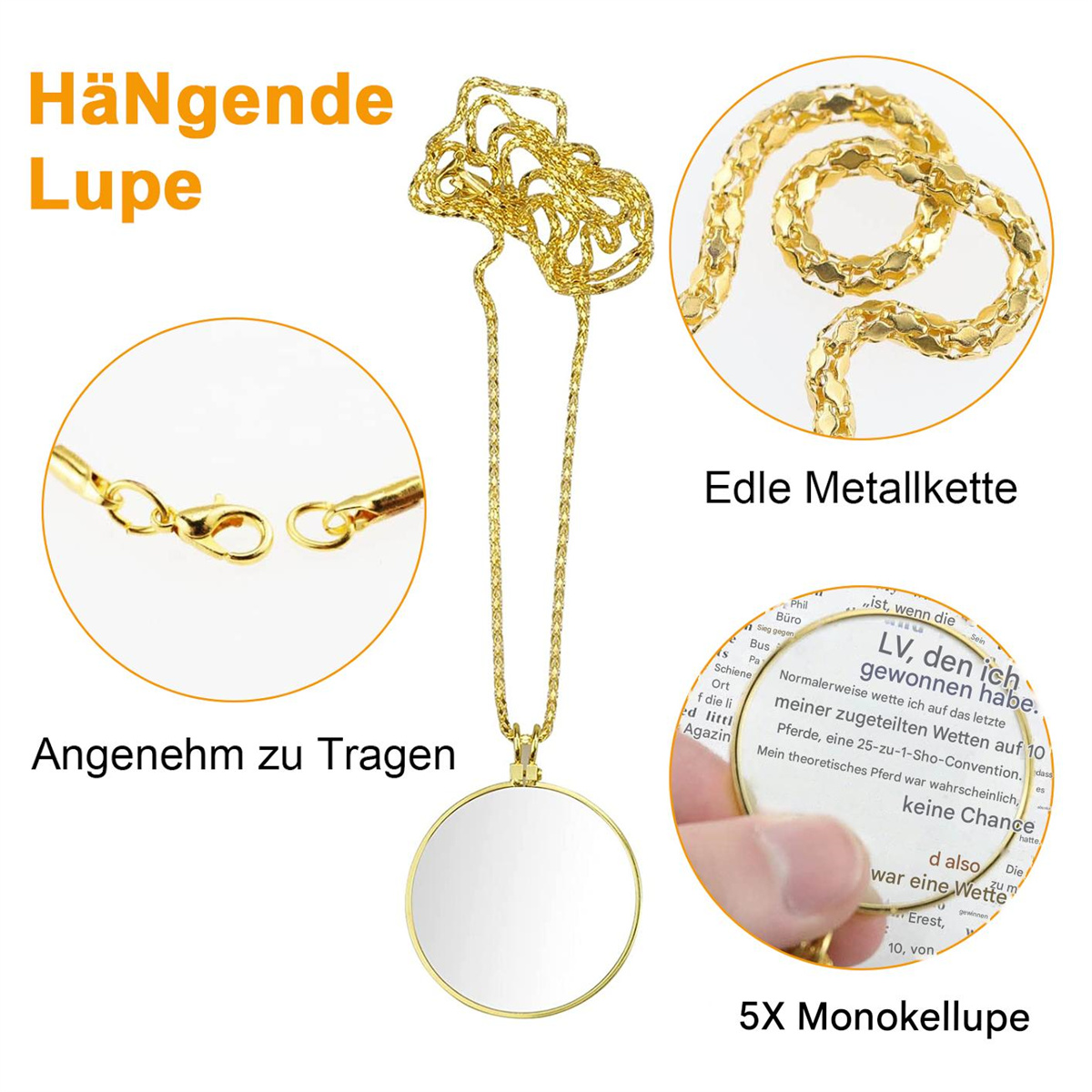 Goldene Halskette mit Lupe. Die Kette ist in einem Bild gezeigt.