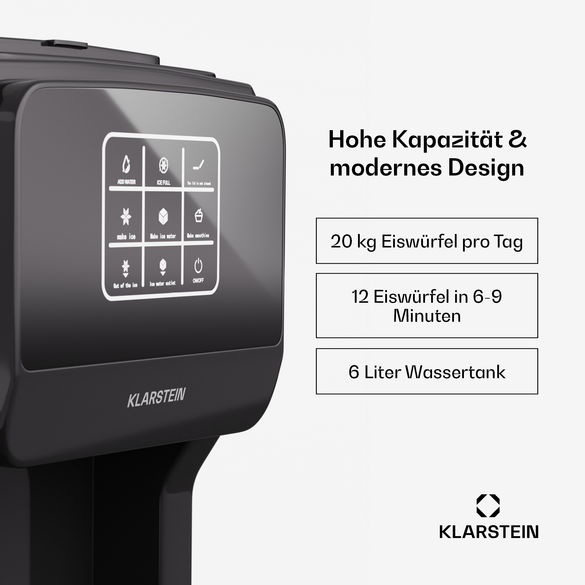 Schwarzer Eisbereiter mit Touchscreen, der Knöpfe und Produktspezifikationen anzeigt.