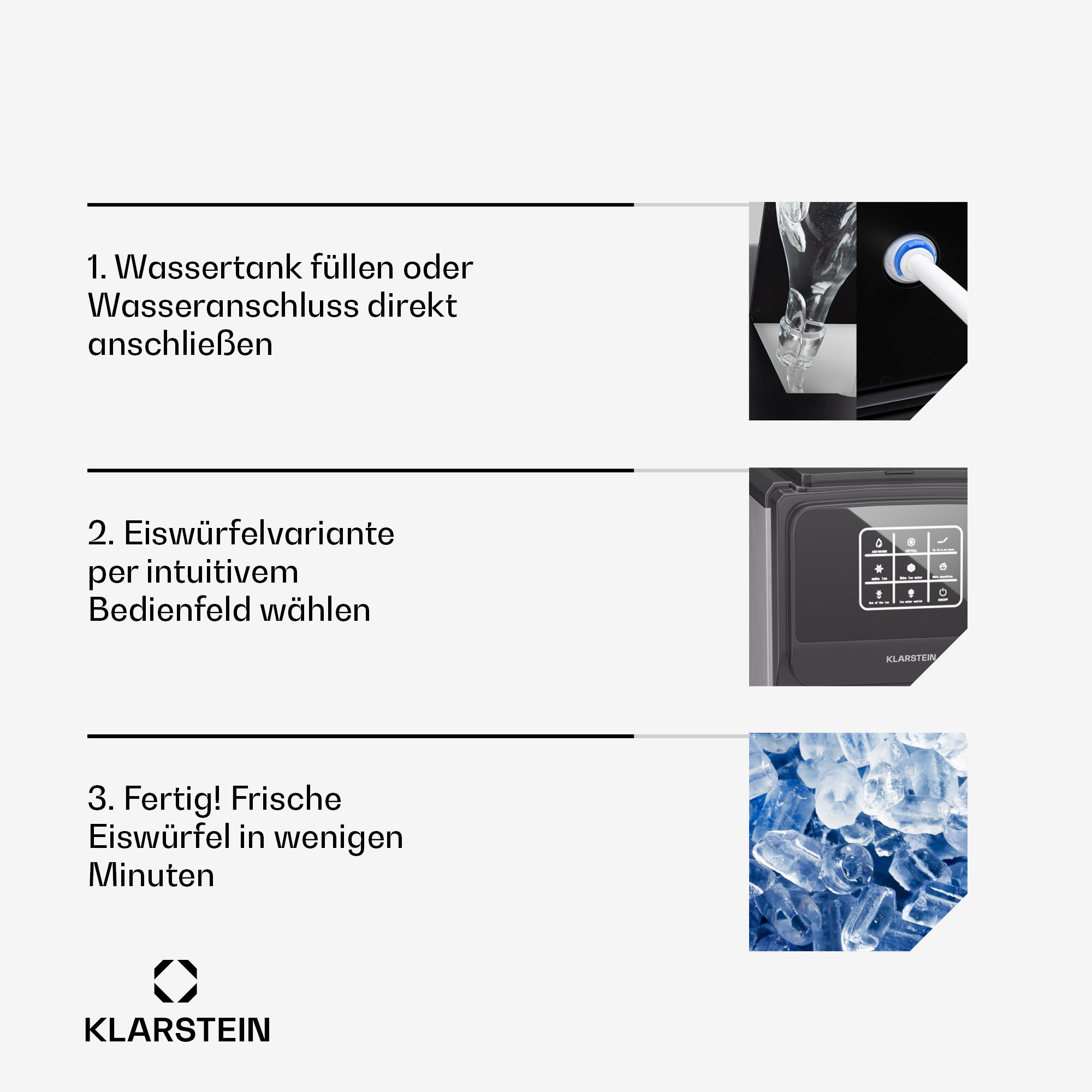 Anleitung für einen Eisbereiter, mit Bildern zum Befüllen und Eiswürfeln.