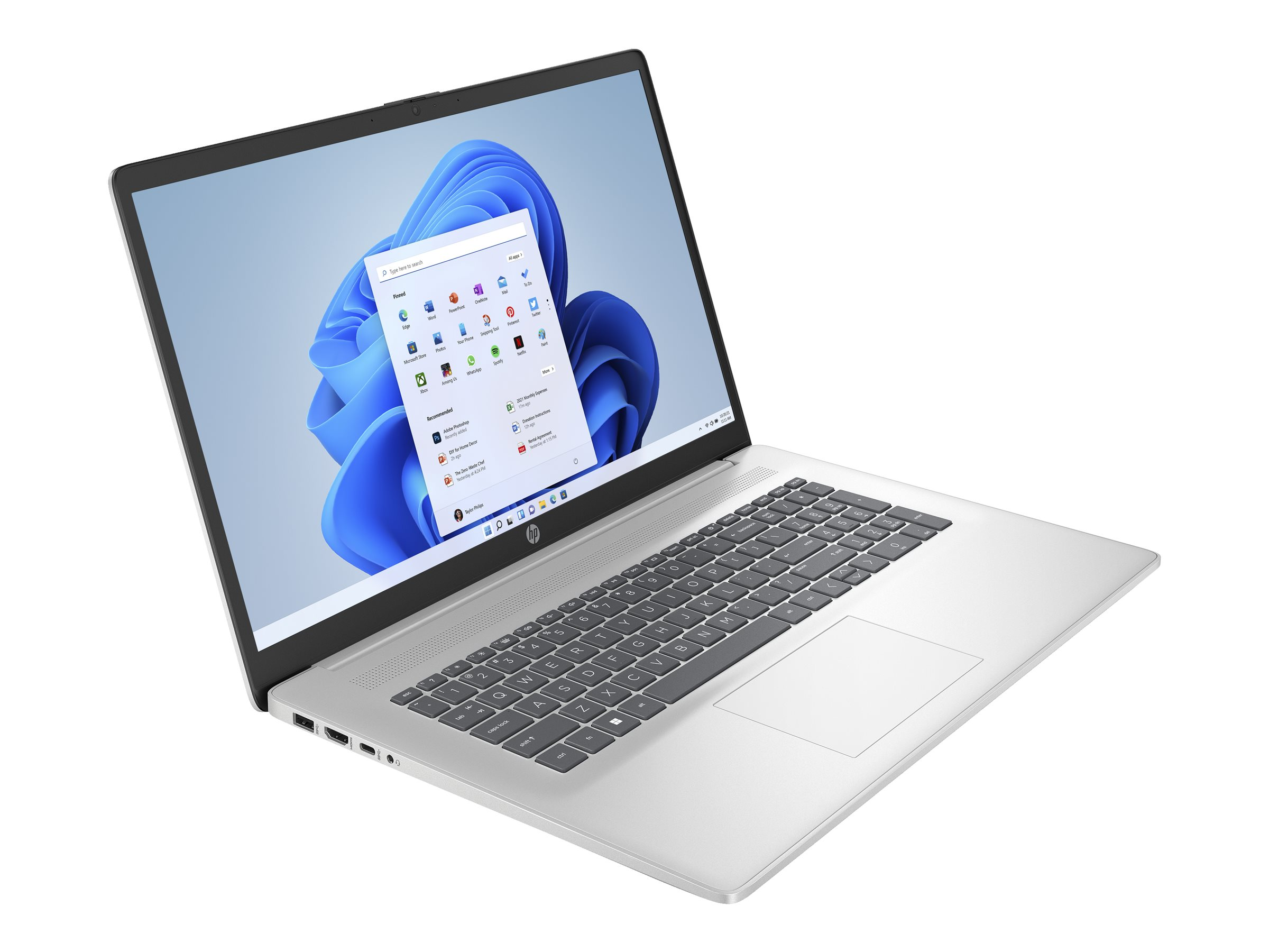 Silbernes HP Laptop mit Windows 11 Bildschirm, weißer Hintergrund.
