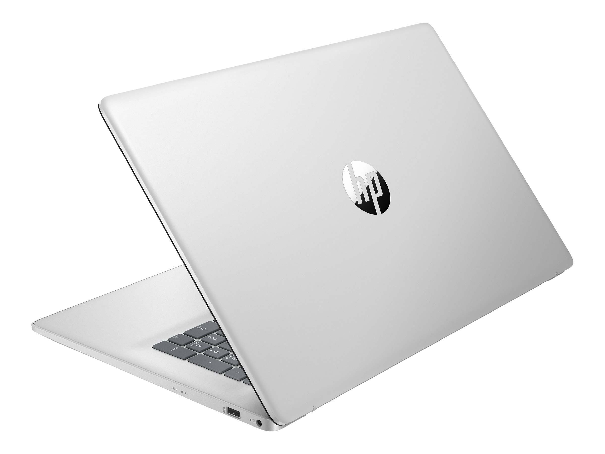 Silberner Laptop, geöffnet, zeigt Tastatur und Bildschirm, abgewinkelt auf weißem Hintergrund.