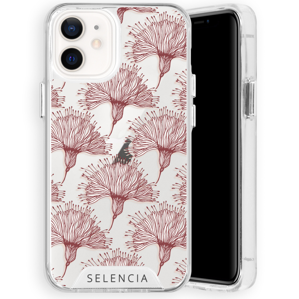 Un téléphone dans un étui transparent avec un motif floral.