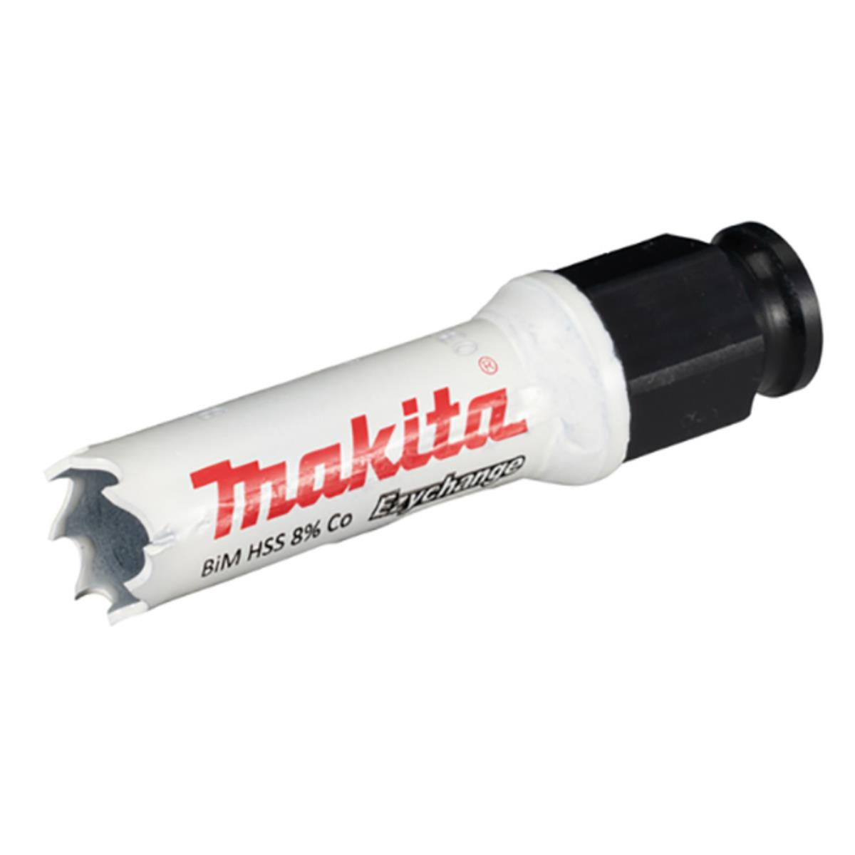Ein weiß-roter Makita-Lochsägebohrer mit Zähnen und schwarzem Sockel.