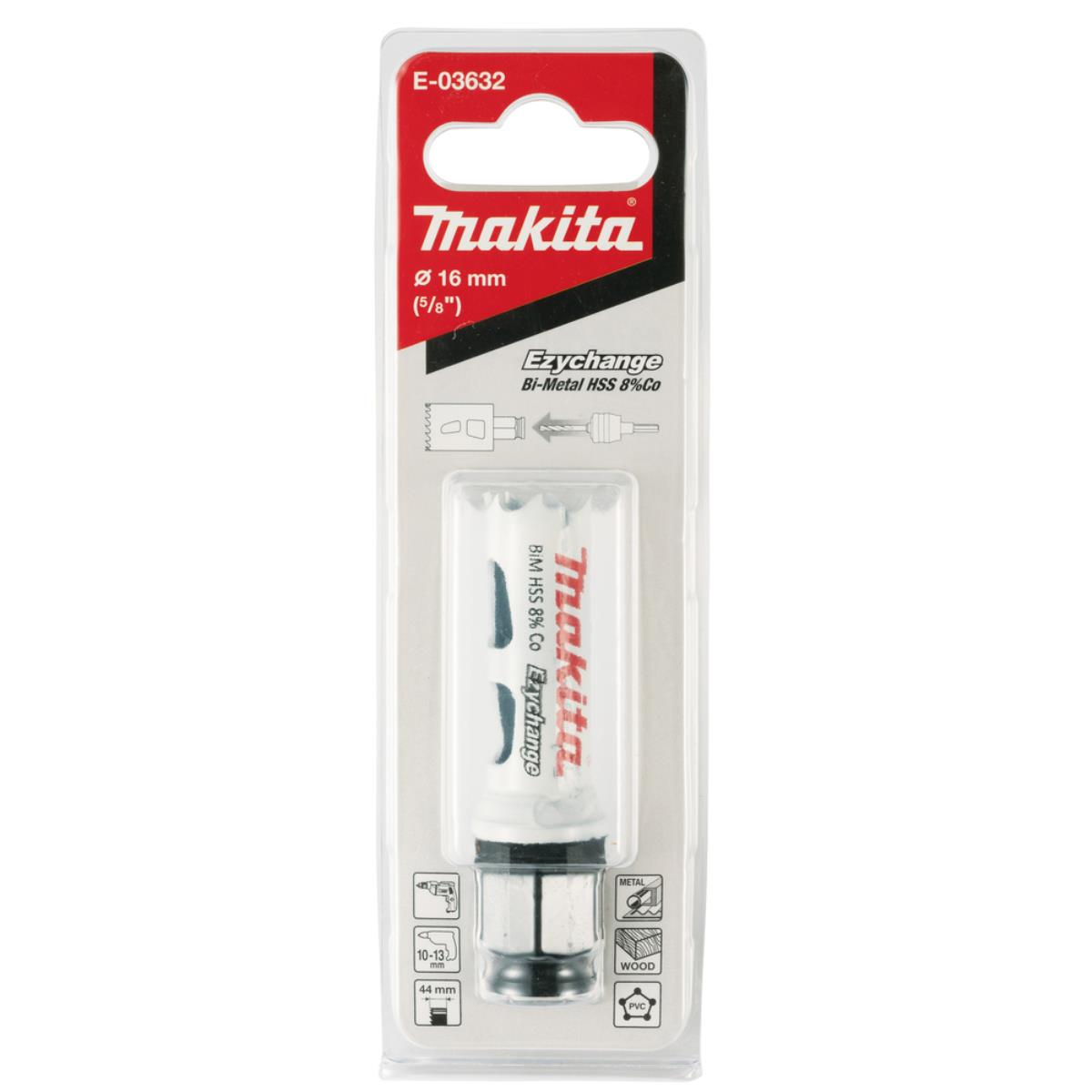 Makita Bohrer-Packung. Weiße und rote Packung, Bohrer sichtbar. Text: EzyChange, Bi-Metal HSS 8% Co.