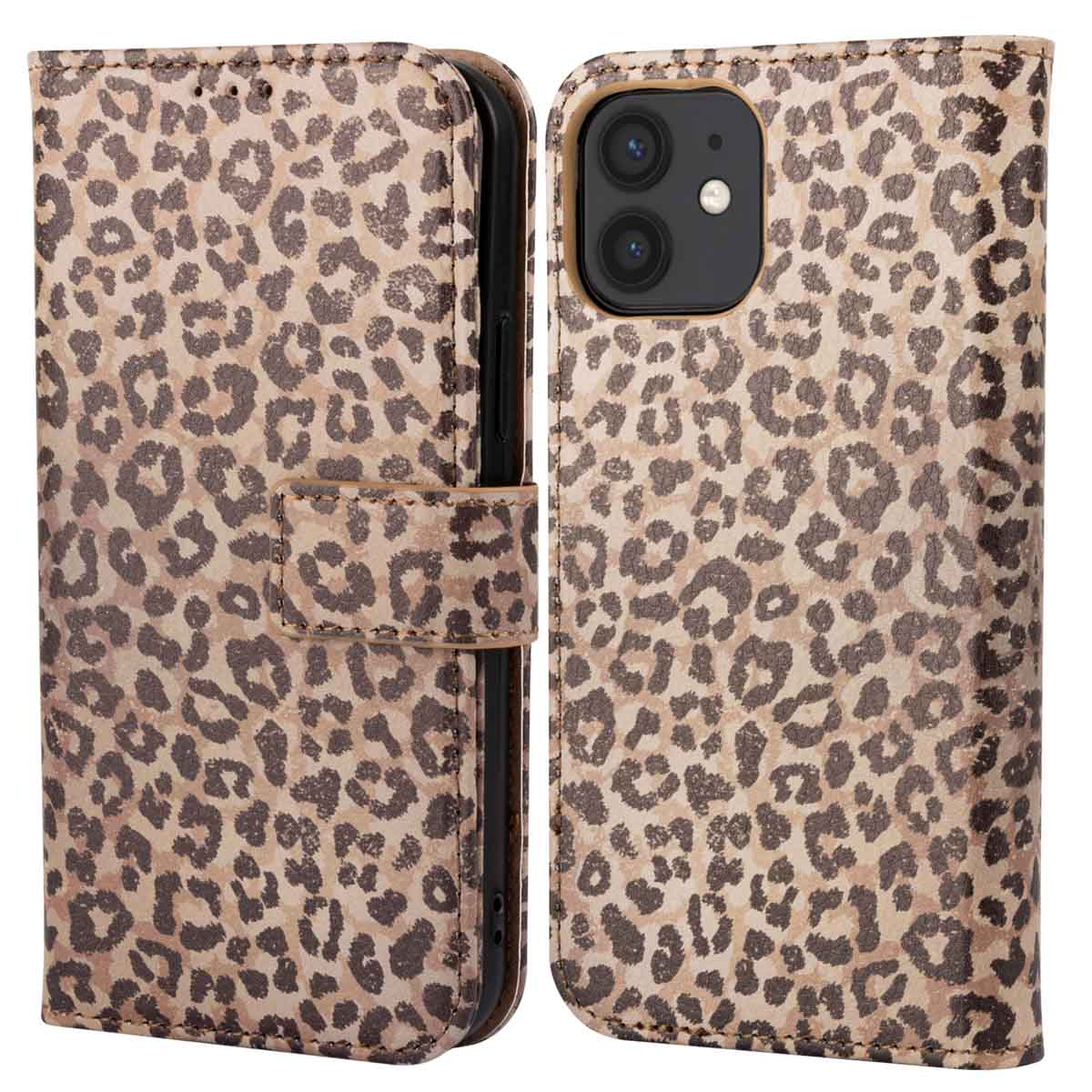 Custodia per telefono con stampa leopardata, aperta. Presenta un motivo marrone e beige. Chiusura magnetica.