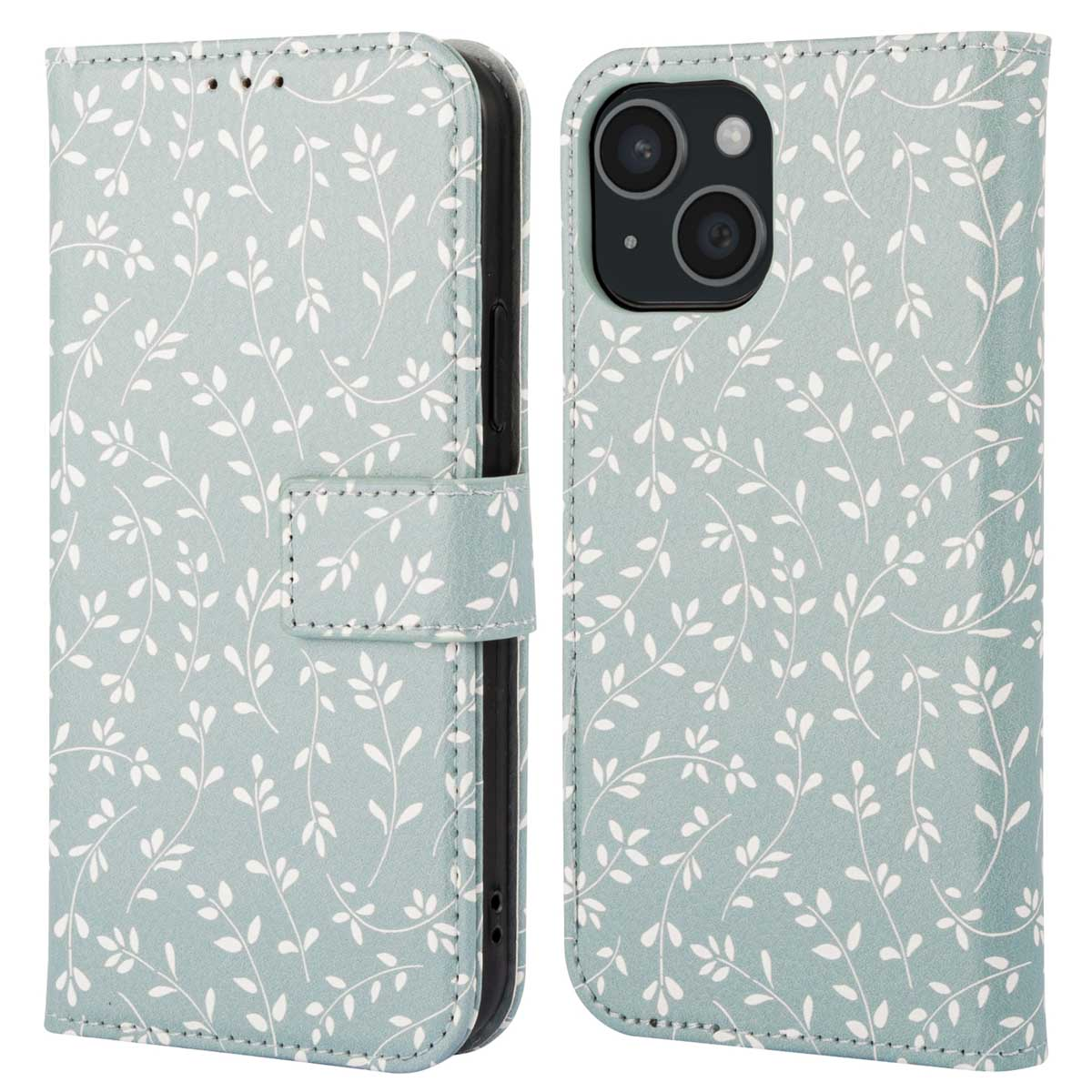 Lichtgroene telefoonhoes met bloemenpatroon. Open, met telefoon en binnenkant zichtbaar.