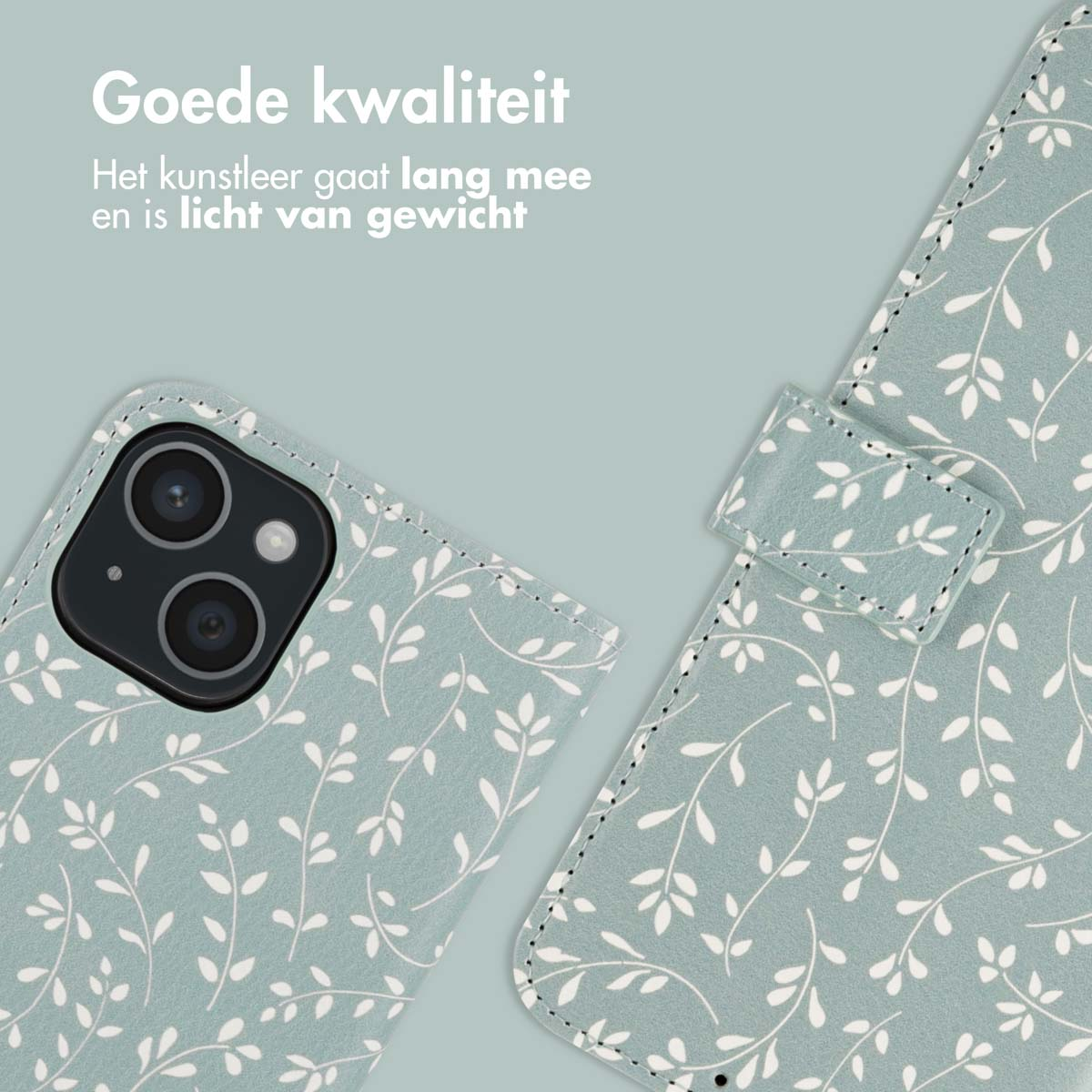 Telefoonhoesje met bloemenpatroon en druksluiting. Witte achtergrond.