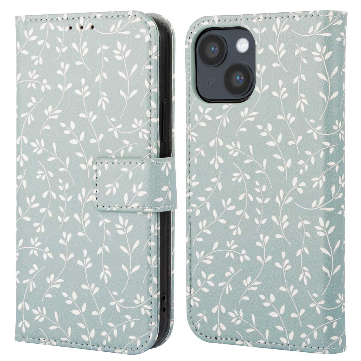 Étui de téléphone, vert avec motif floral blanc. Vue ouverte et fermée.