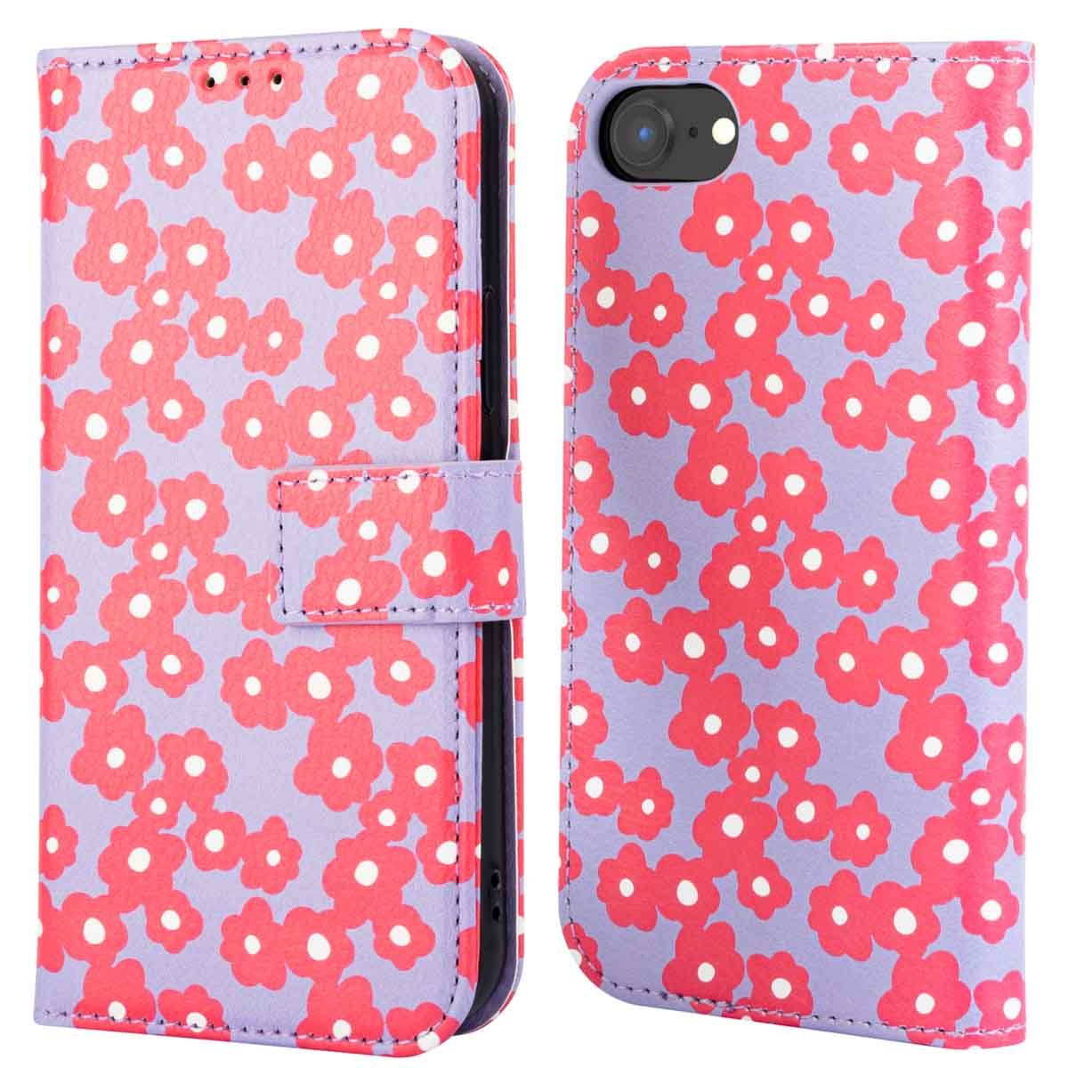 Paarse telefoonhoes met rode bloemen. Open, gesloten en telefoon. Witte achtergrond.