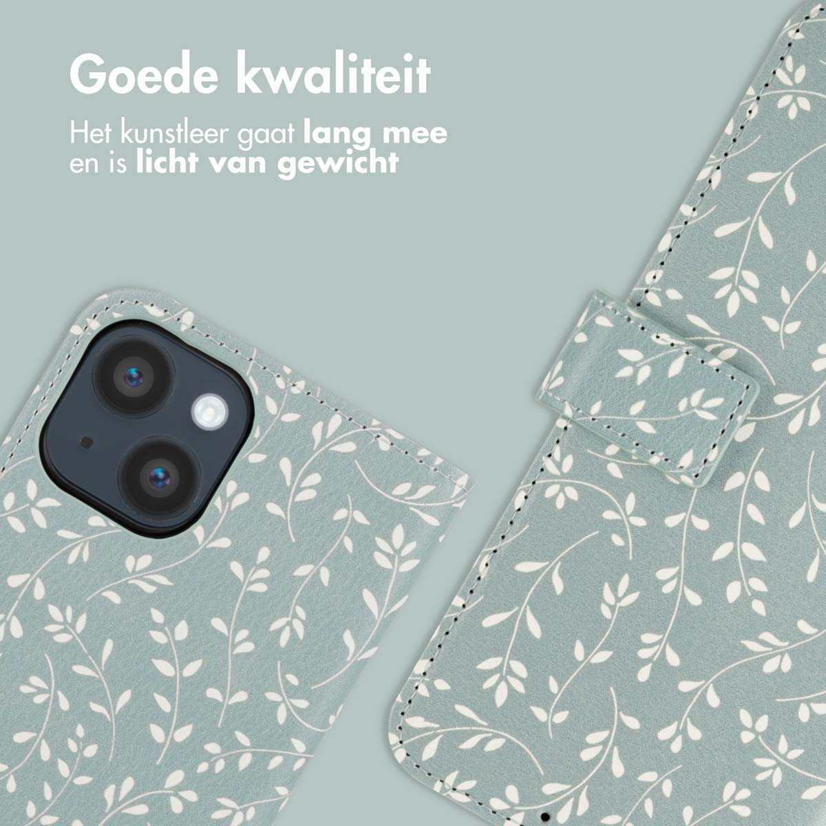 Un étui de téléphone avec un motif floral bleu clair et une fermeture magnétique.