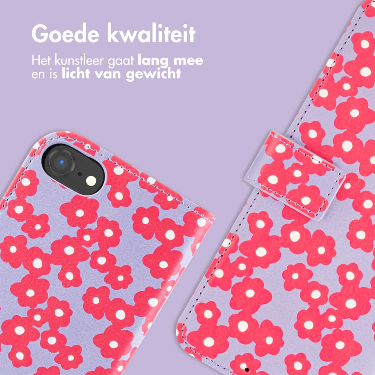 Een telefoonhoesje met een paarse achtergrond en een rood bloemenpatroon wordt getoond. De hoes zit op een beige achtergrond.