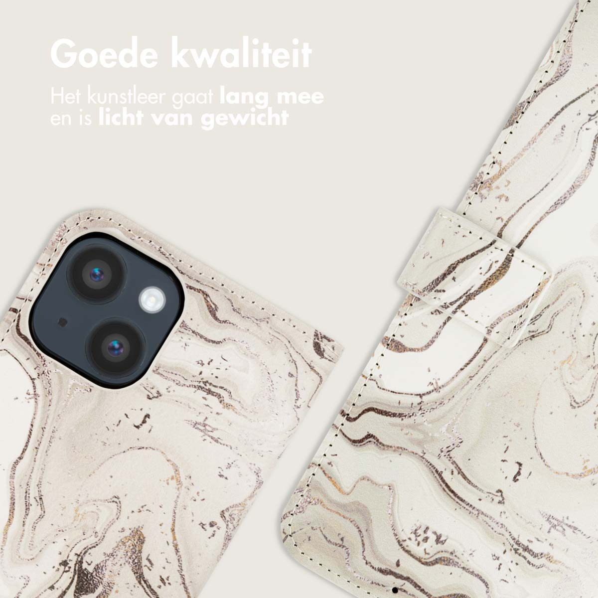 Coque de téléphone avec motif marbre, ouverte. Couleur blanc et or. Fond beige.