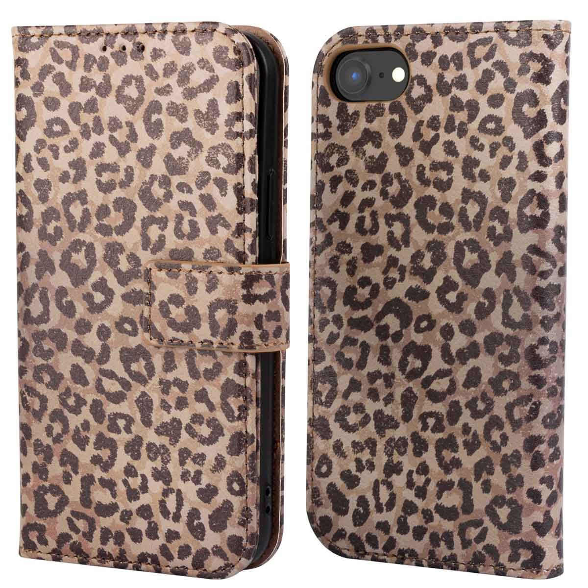 Bruine telefoonhoes met luipaardprint, open en gesloten.