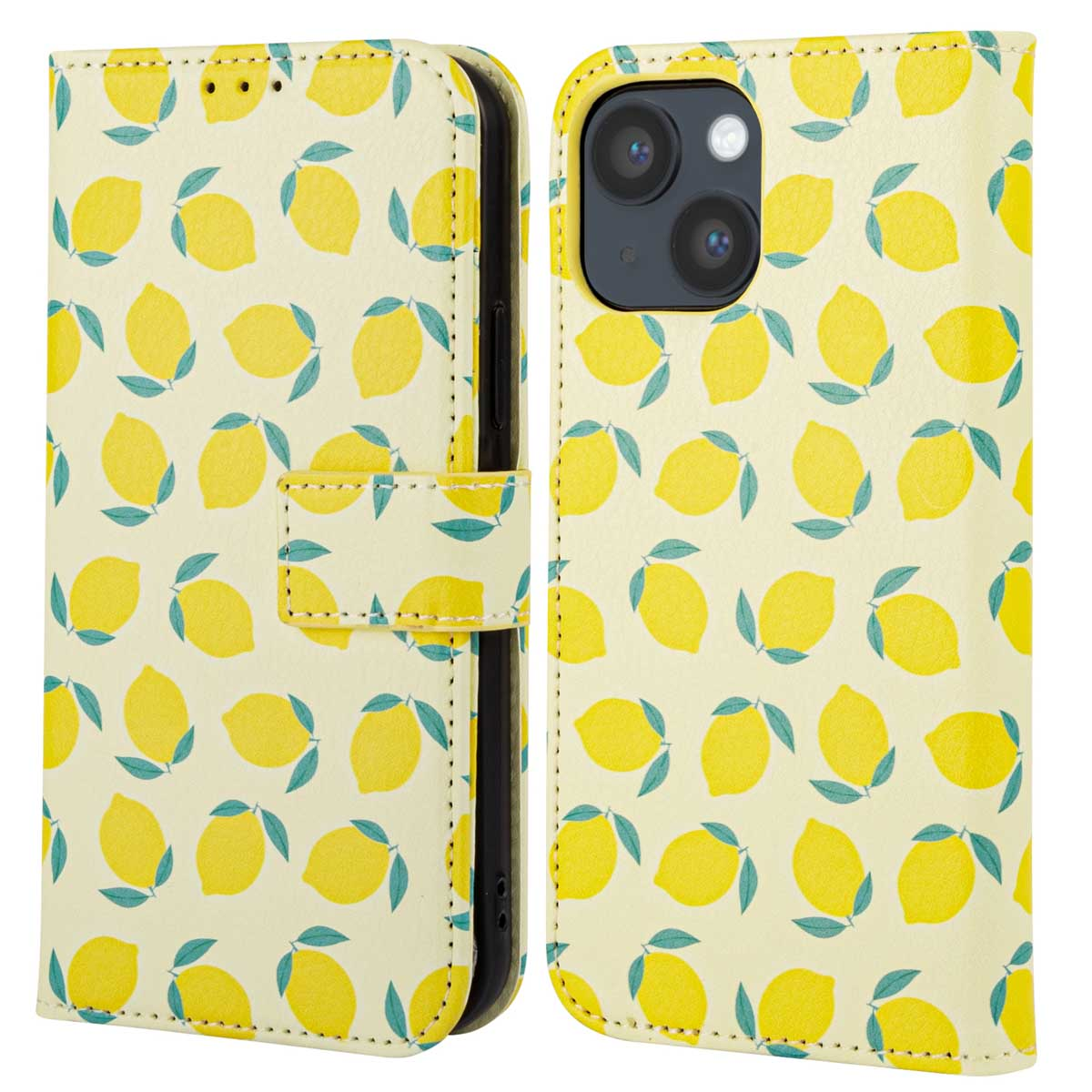 Une coque de téléphone à motifs de citrons, ouverte pour révéler le téléphone. Citrons jaunes sur fond beige clair.