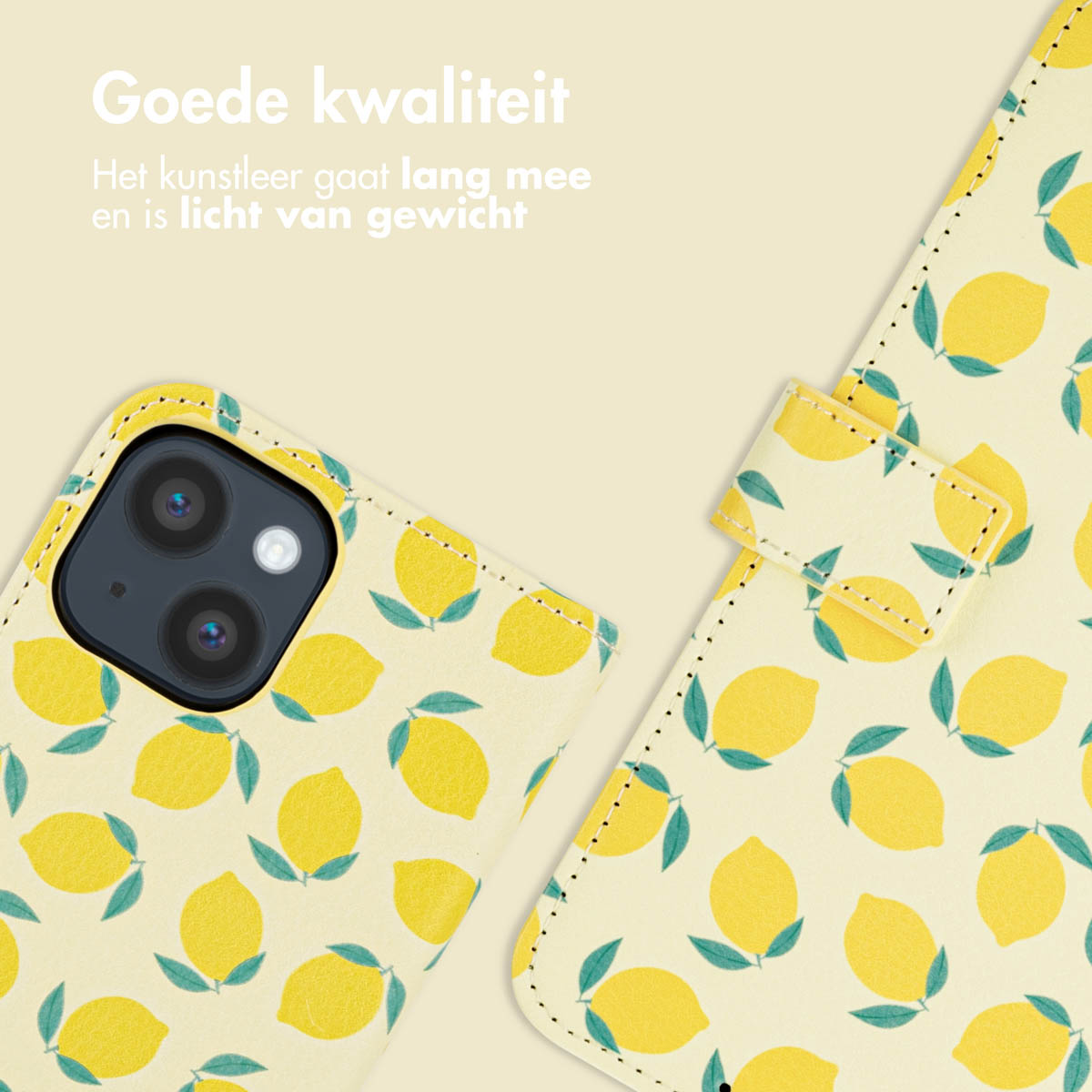 Coque de téléphone à motifs de citron, avec un rabat ouvert montrant le téléphone et la caméra.