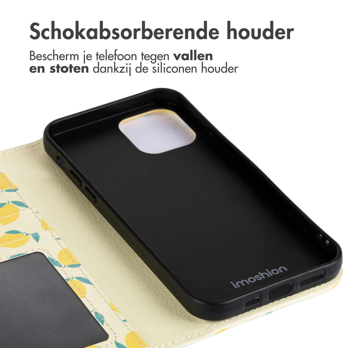 Une coque de téléphone avec un motif de citron, ouverte pour révéler la zone d'écran du téléphone.