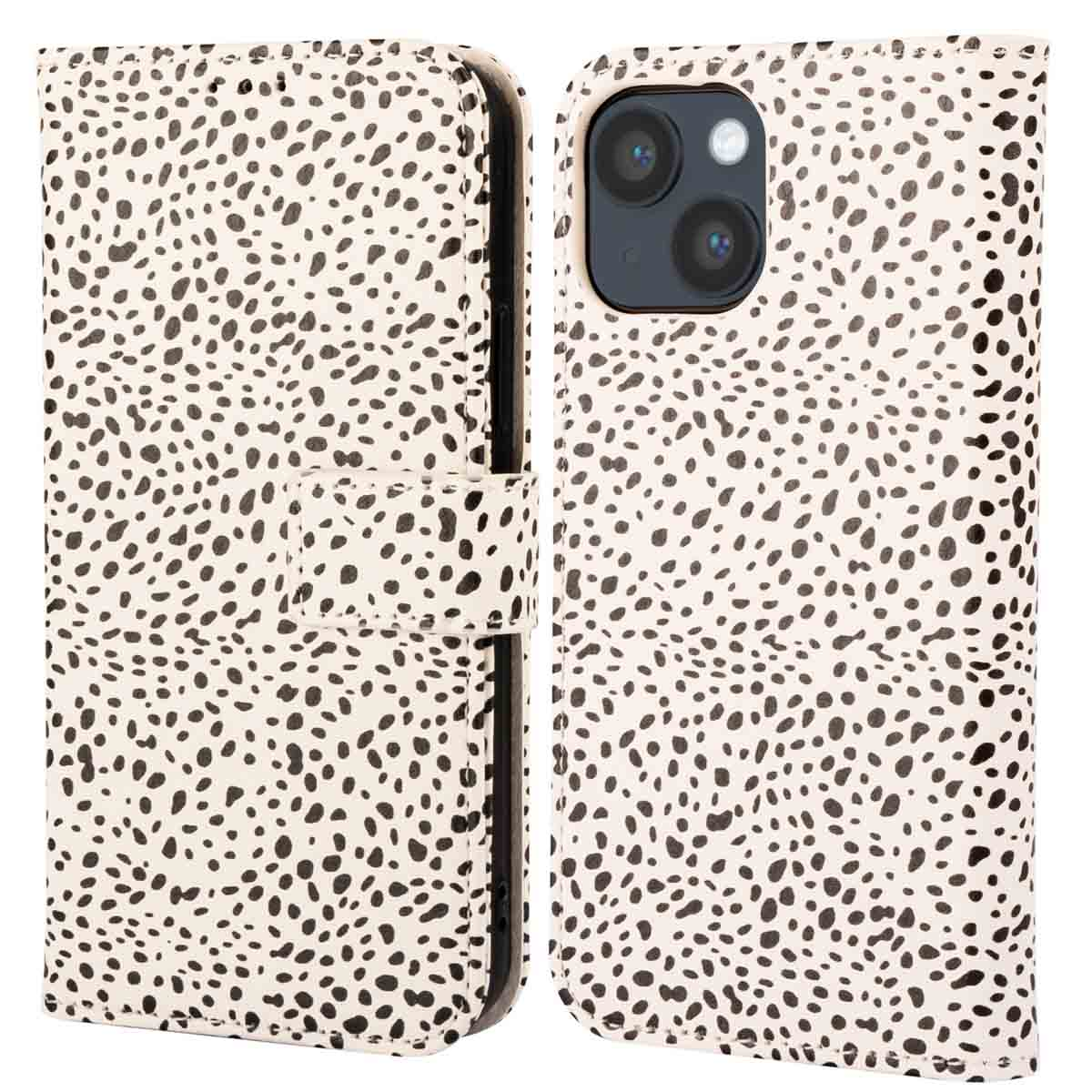 Telefoonhoesje met een wit en zwart stippenpatroon.