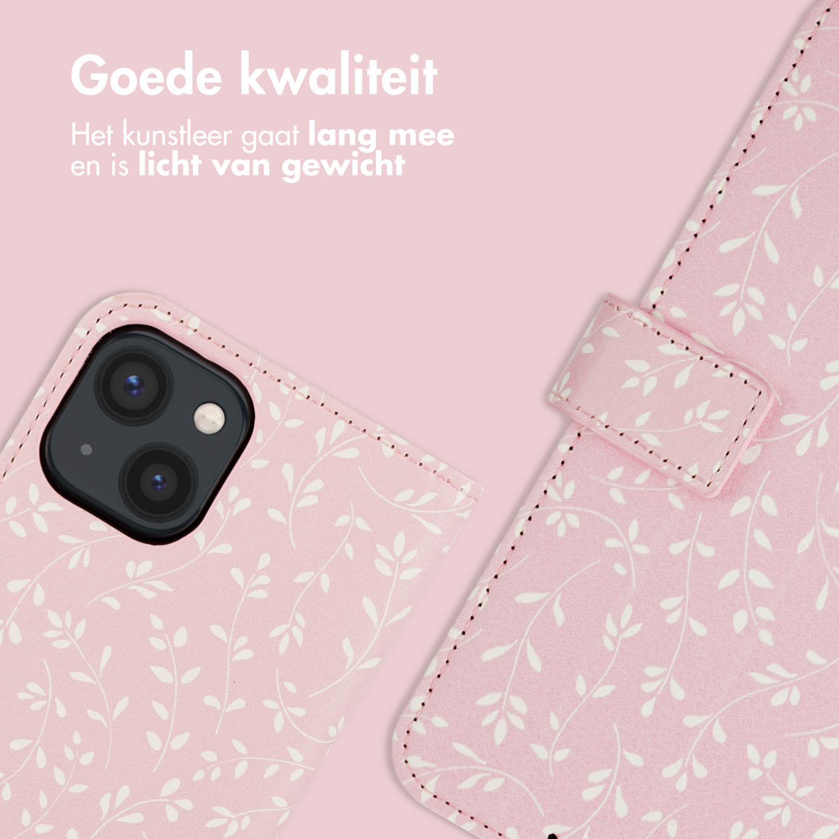 Een roze telefoonhoesje met een bloemenpatroon. De hoes is open en toont een telefoon en een sluiting.
